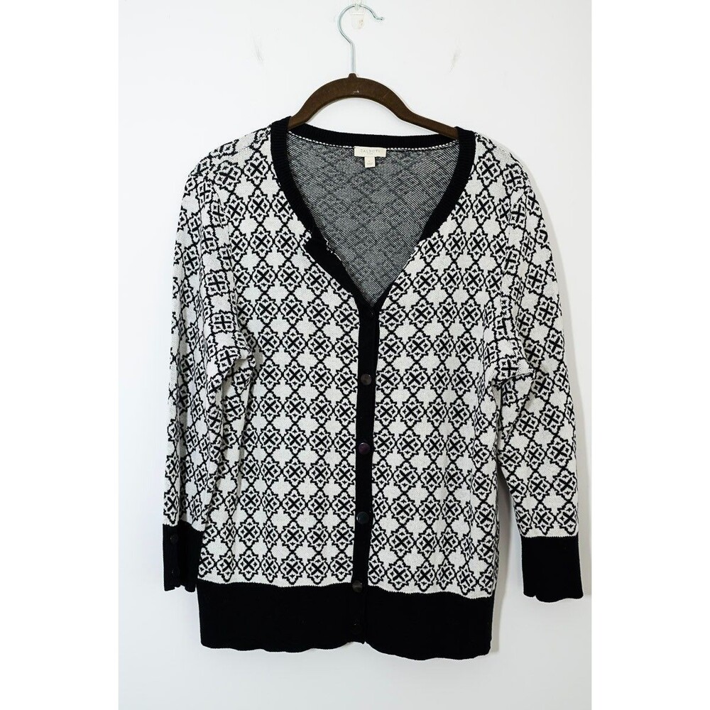 Talbots Black and White Geometric Cardigan Sweater